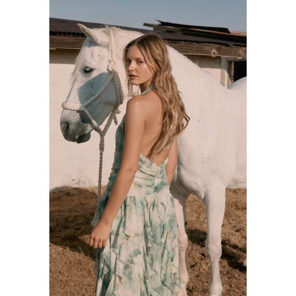 Lulus Febe Teal Green Multi Abstract Halter Ruffled Midi Dress - Size S